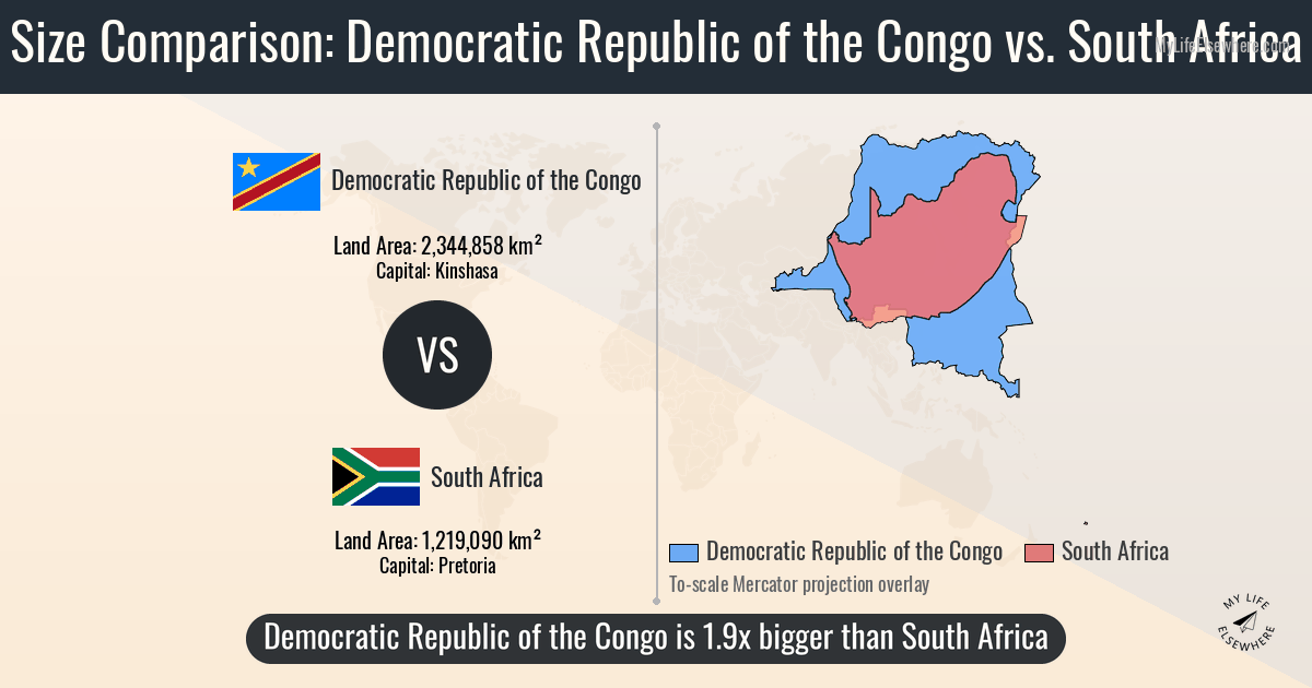 Size of Democratic Republic of the Congo compared to South Africa
