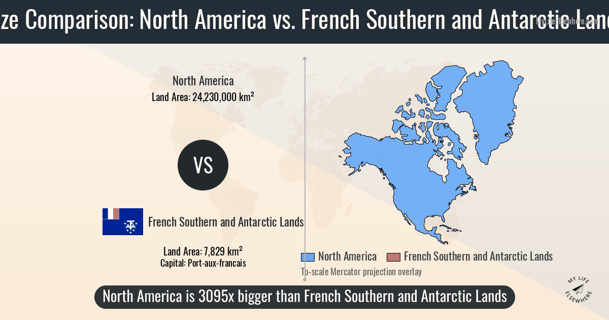 Size of North America compared to French Southern and Antarctic Lands